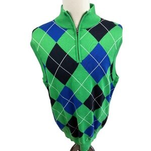 CHAPS GOLF Preppy Green Argyle Cotton Sweater‎ Vest 1/4 Zip Mens Large
